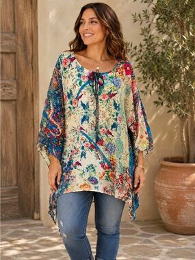 Johnny Was Floral Sheer Blouse in Cream, Teal & Pink - Never worn.
